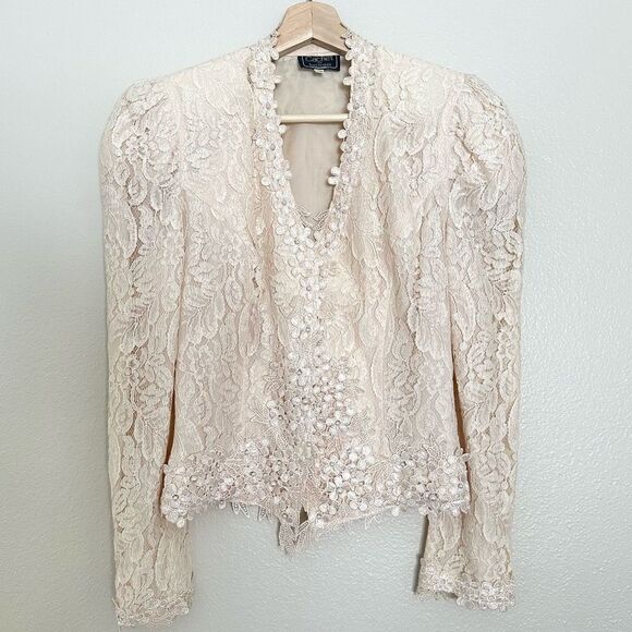 Vintage Formal Coquette Lace Beaded Embroidered Soft Pink Floral Button Blazer - Picture 1 of 8